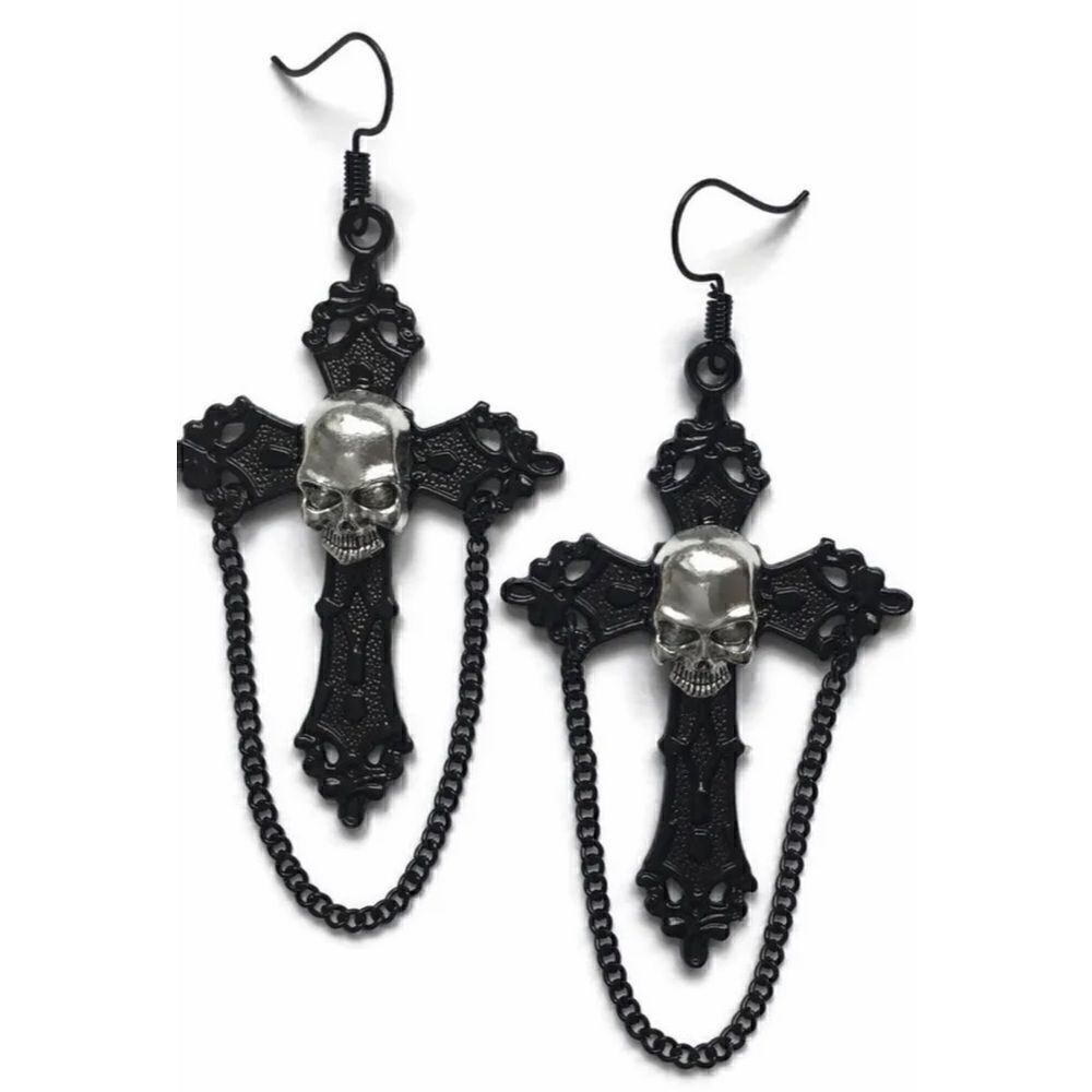 🔥💀NWT Skull chainlink  cross earrings black cross silver skulls.